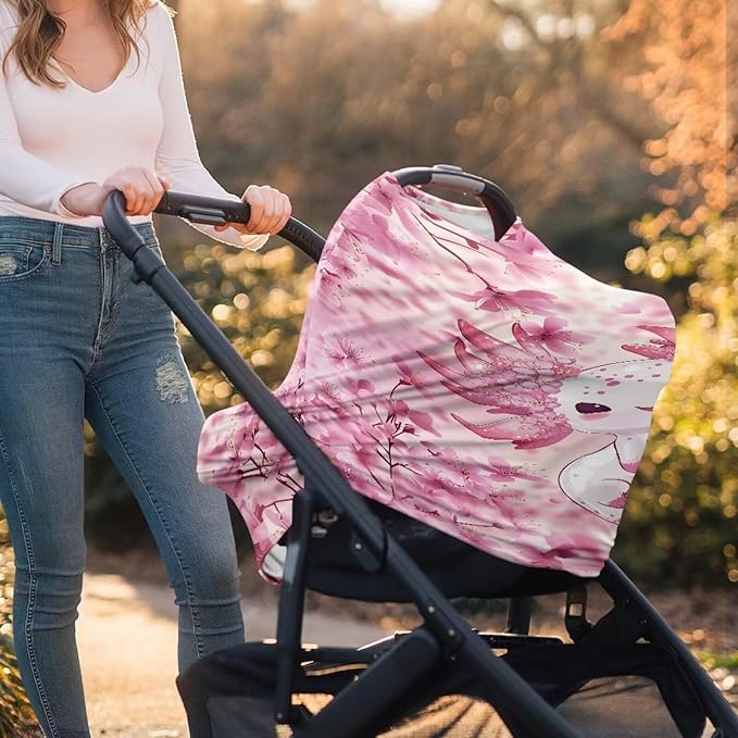 Biyejit Axolotl Pink Floral Nursing Cover for Newborn Breastfeeding Multi Use Infant Stroller Canopy Unisex Baby Car Seat Cover High Chair Cover Shopping Cart Cover for Baby Boy Girl