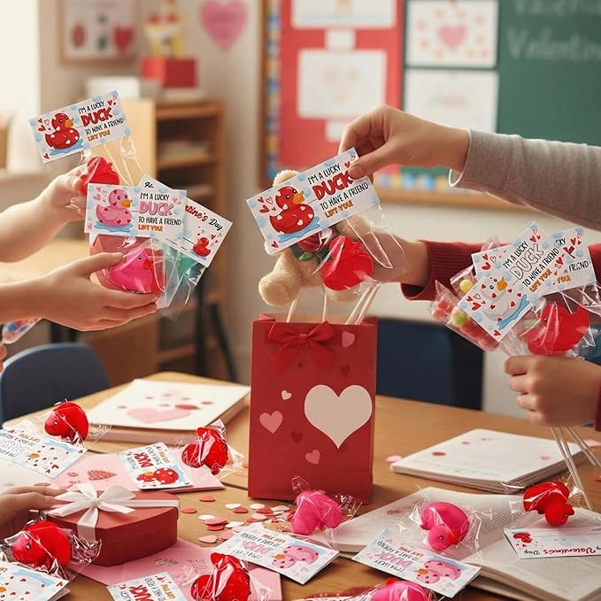 24 Pcs Valentine's Day Rubber Ducks 1.96 Inch Rubber Ducks with Valentine's Day Cards Pink Red Bath Duck Toys for Valentines Gifts Classroom Exchanges Prize Pool Bathtub Party Favors
