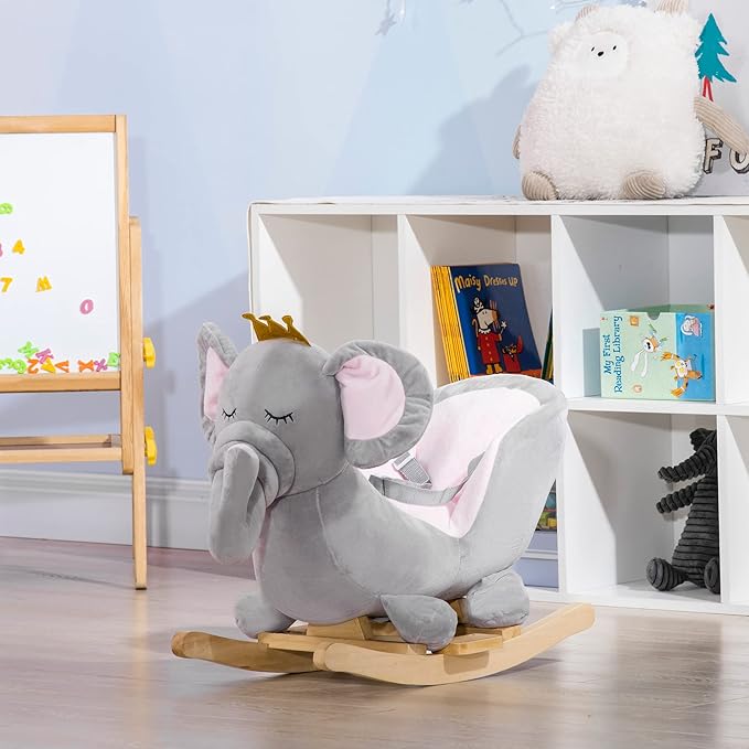 Qaba Baby Rocking Horse Elephant Rocking Chair Toddler Rocker Toy with Sound Wooden Base Seat Safety Belt for 1.5-3 Year Old, Gray