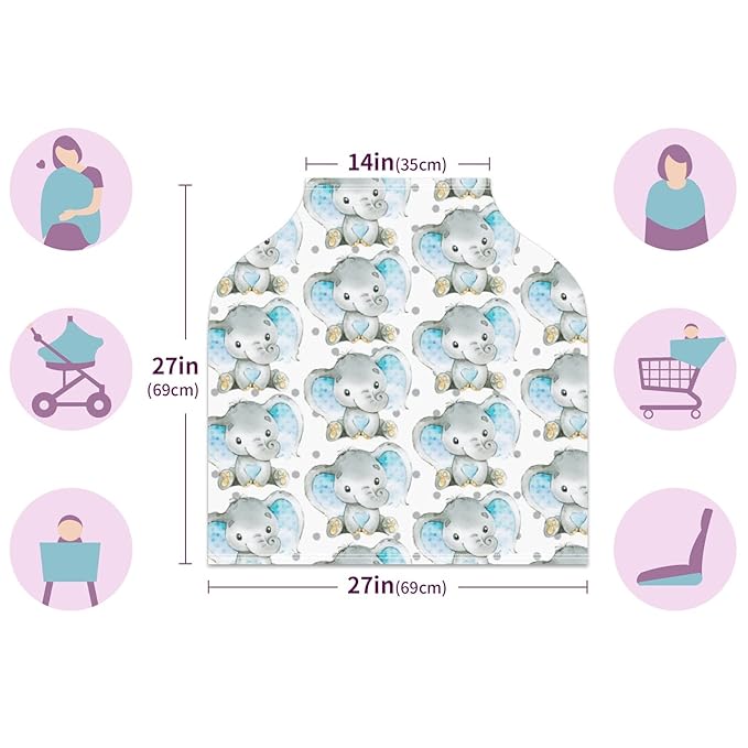 FCZ Baby Car Seat & Stroller Covers - Elephant Jungle Nursing Cover - Breathable Cotton - White/Blue - Not Water Resistant