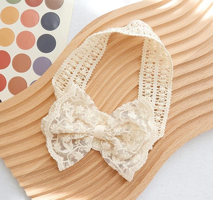 Lace White Bow-knot Baby Girls Headband Birthday Shower Infant Wrap Elastic Flower Baby Turban Hairband for Newborn Infant Toddler Kids (Ivory A, Elastic)