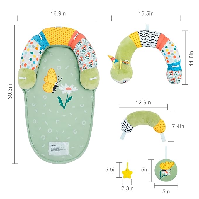 Lovvie & Joy 2-in-1 Tummy Time Mat & Seated Support Pillow,Baby Tummy Time Pillow Support for Newborns and Older Babies,with Detachable Support Pillow and Toys Caterpillar Elf