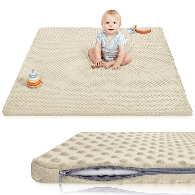 Huloo Sleep Baby Floor Play Mat for Playpen, Extra Thick 50"x50" Padded Mat with Ultra Soft 3D Minky Dot & Removable Washable Cover, Non-Slip & Safe for Crawling,Tummy Time,Infant/Toddler(Beige)