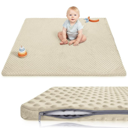 Huloo Sleep Baby Floor Play Mat for Playpen, Extra Thick 50"x50" Padded Mat with Ultra Soft 3D Minky Dot & Removable Washable Cover, Non-Slip & Safe for Crawling,Tummy Time,Infant/Toddler(Beige)