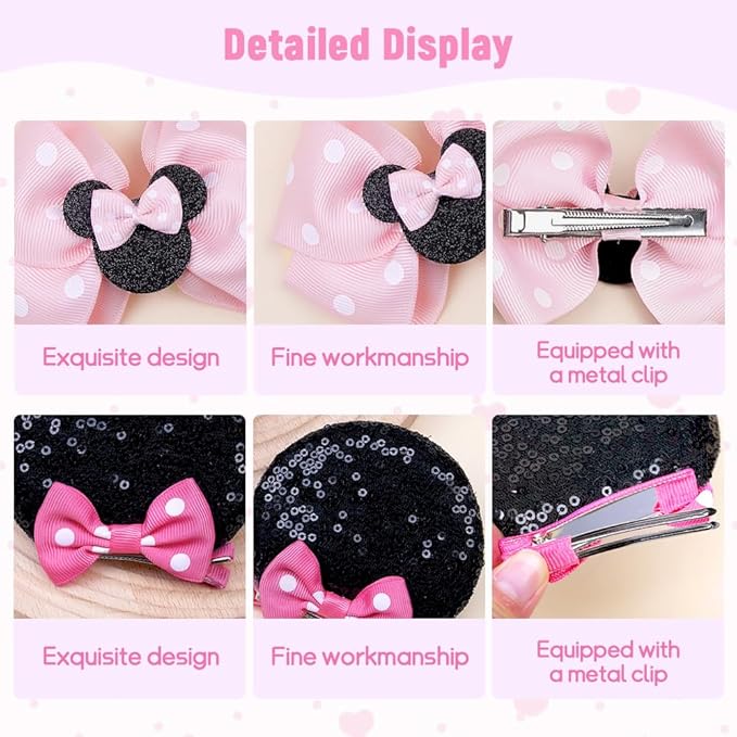 2 Pairs Pink Dot Mouse Ears Hair Clips & Mouse Hair Bows Barrettes for baby Girls Accessories Birthday Party Decorations Gift