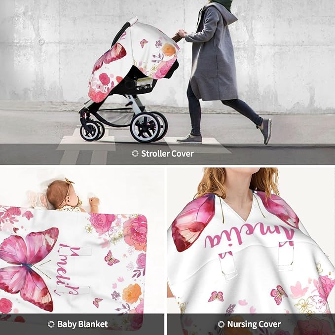 Personalised Butterfly Baby Car Seat Cover for Girls, Customized Carseat Covers with Name for Infant, Windproof Sun Protection Baby Carseat Canopy, Multi-use Nursing Breastfeeding Covers