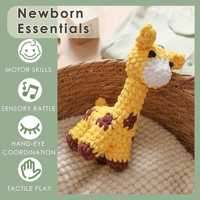 Crochet Sensory Rattle for Baby Early Development - Amigurumi Grip Toy - Soft Cotton Texture Shaker for Fine Motor Skills & Tactile Play - Newborn Essentials (Bunny & Giraffe)