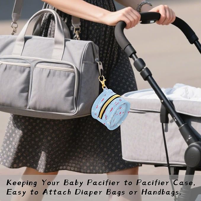 Pacifier Holder with Clip Pacifier Case for Diaper Bag Round Baby Pacifier Pouch Box Bag Portable Sky Blue Music Note and Hearts