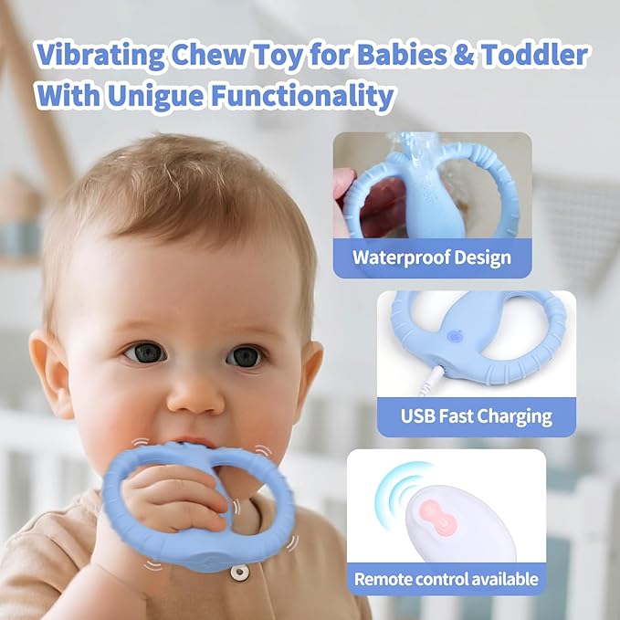Vibrating Teether for Baby with Remote Control - Chewy Sensory Toy for Teething & Autism, 10-Speed Vibration Modes, USB Rechargeable, Food Grade Silicone Teether for Sensory Seekers (Blue)