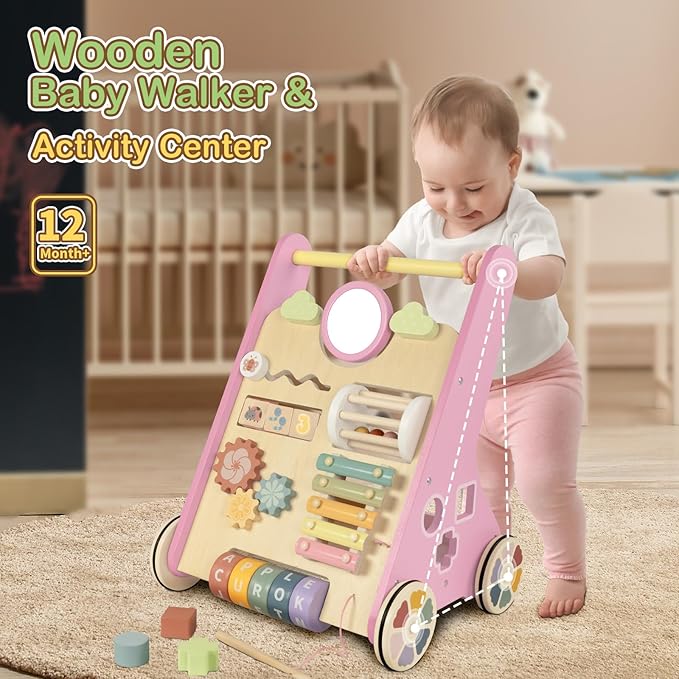 Baby Walker with Wheels, Wooden Push Walker Toys for Babies 10-12 Months, Baby Girl Walking Activity Toys for 1 Year Old