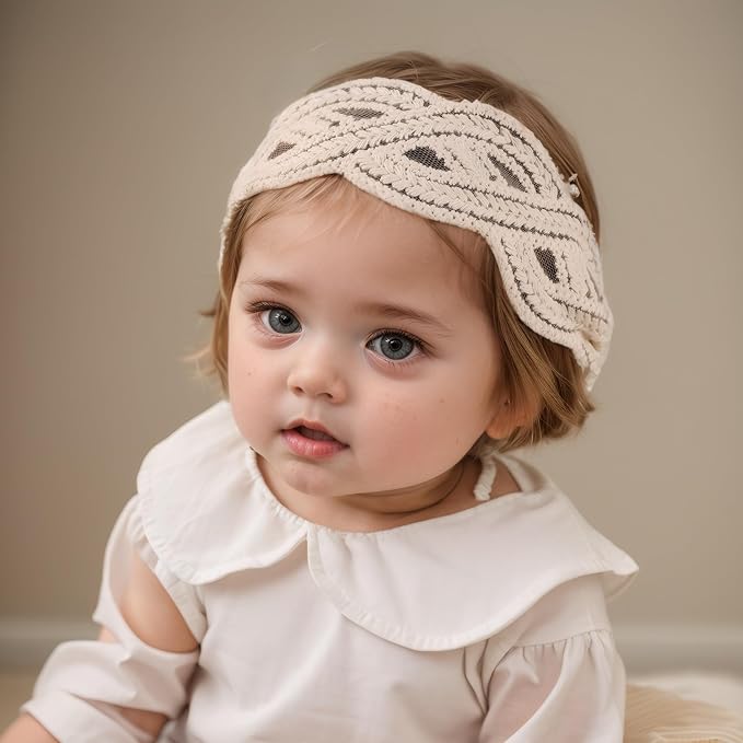 Lace White Bow-knot Baby Girls Headband Birthday Shower Infant Wrap Elastic Flower Baby Turban Hairband for Newborn Infant Toddler Kids (Wave, Elastic)