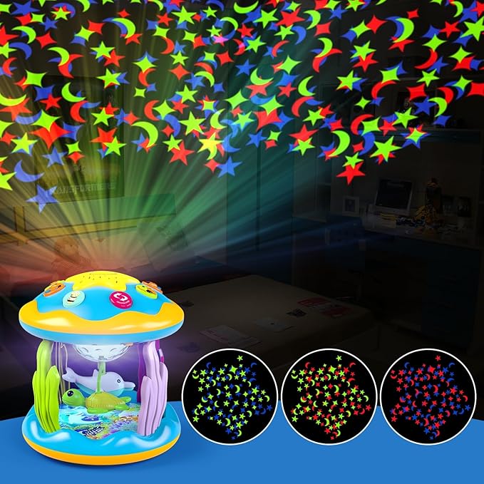 Baby Toys 6 to 12 Months, 4 in 1 Musical Rotating Projector, Tummy Time Light Up Infant Toys For 6-9 12-18 Months, Learning Toy Birthday Gifts for Baby Toddlers 1 2 3 Years old Boys & Girls