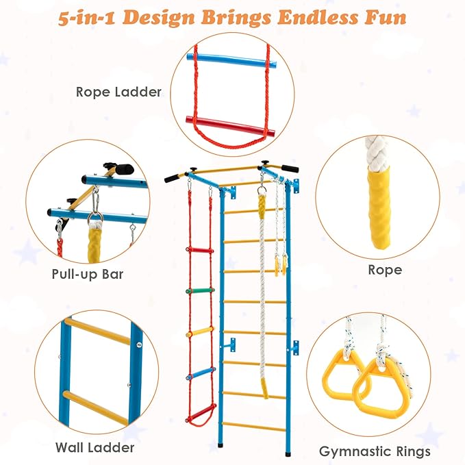 Costzon 5 in 1 Climbing Toys for Toddlers, Indoor Kids Gym for Exercise, Steel Ladder Wall Set with Wall Ladder, Pull-up Bar, Rope, Gymnastic Rings, Solid Wall Set up, Climber Ladder Boys Girls Gift