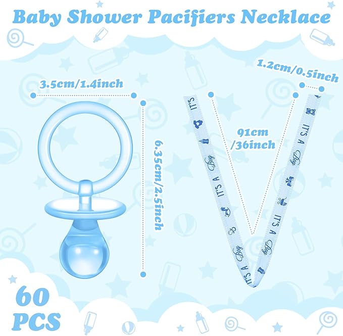 Coume 60 Pieces Baby Shower Pacifiers Necklace Acrylic Pacifiers Necklace Charm Party Favors for Girls Boys Baby Shower Party Decorations Table Scatter(Boy Style,Blue)