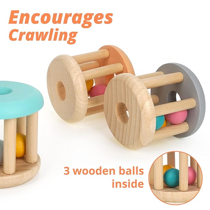 DUCKBOXX XX® Montessori Infant Educational Toys, Natural Wood Rolling Rattle Toy, Early Learning Toy for Developing Fine Motor Skills and Color Recognition, for Ages 0m–2yrs (Burlywood Base - 3pcs)