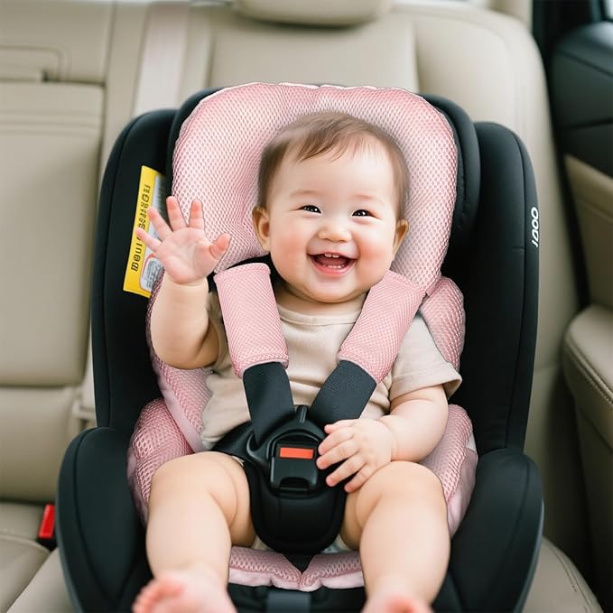 Infant Car Seat Insert for Newborn Girls Boys, Summer Mesh Baby Carseat Head Inserts with Strap Pads, Soft Reversible Baby Car Seat Insert Cushion Pad for Stroller, Bouncer, Swing, High Chair, Pink
