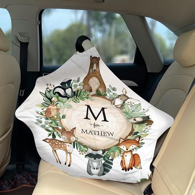 Personalized Baby Car Seat Cover Stroller Canopy: Custom Name Newborn Baby Boy Girl Elastic Woodland Animals Nursing Cover for Moms First Birthday Gift Bear(one Size)