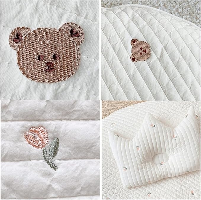 Baby Embroidered Play Mat, 33.5" Soft Cotton Crawling Rug, Detachable Washable Floor Mat for Kids Room, Gym & Nursery, White Olives