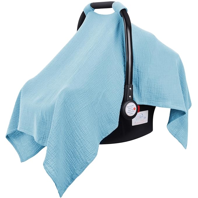 Metplus Muslin Car Seat Cover for Babies, 100% Cotton Breathable Infant Carseat Canopy for Summer, Lightweight Stroller Sunshade Covers for Newborns(Azure Blue)
