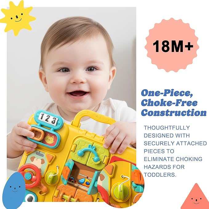 Busy Board for Toddlers 1-3, Montessori Travel Activity Toys with Music, Portable Toddler Activity Board to Develop Fine Motor Skills, Educational Toys for 1 Year Old Boys Girls