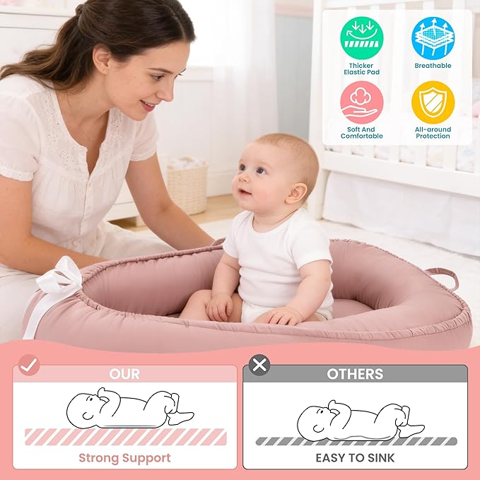 Alened Baby Lounger for Newborn 0-12 Months, Portable Infant Lounge on Floor for Supervised Tummy Time, Babies Support Pad with Breathable Cotton for New Born Awake Use Only - Pink