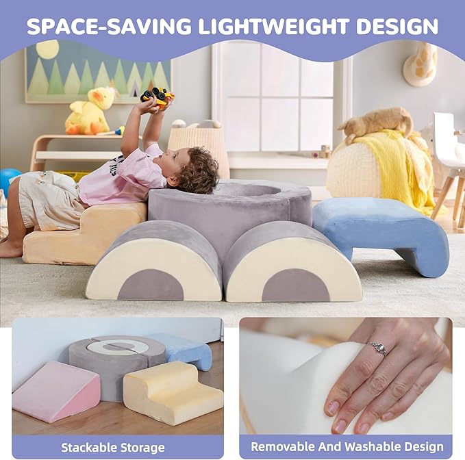 Toddler Climbing Toys Indoor, 7‑Piece Soft Foam Play Set for Toddlers 1‑3, Foam Climbing Blocks with Slide, Stairs & Ball Pit, Crawl and Climb Activity Gym, Lightweight & Washable Kids Gift