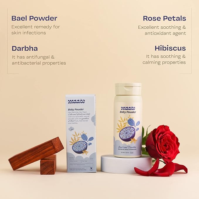 MAATE Talc Free Natural & Ayurvedic Baby Powder (100 gm) | Enriched with Bael Powder, Darbha, Rose Petals & Hibiscus | Soothes & Moisturises Baby's Skin