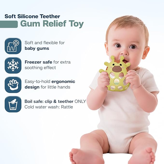 Giraffe Baby Teether with Pacifier Clip - 3 in 1 Teething Toy, Rattle & Clip Set, Food Grade Silicone BPA Free, Baby Teething Toys 3-6 Months, Baby Toys 6-12 Months
