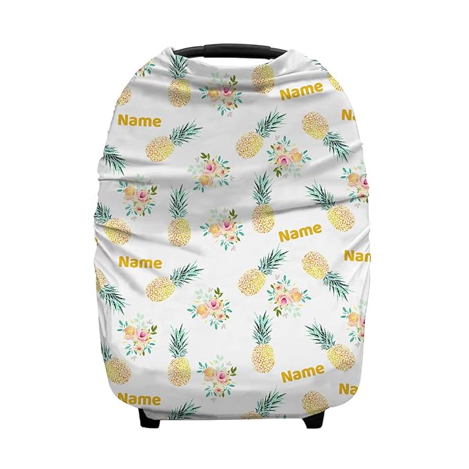Personalized Baby Car Seat Cover for Boys Girls, Custom Nursing Covers for Breastfeeding with Name, Infant Stroller Cover, Baby Carseat Canopy for Newborn, Multiuse Car Seat Canopies, Pineapple