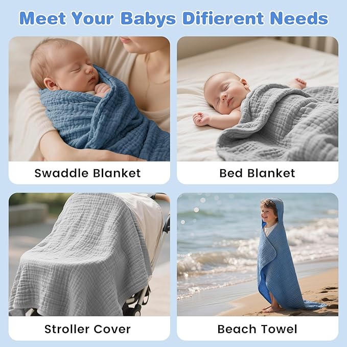 Hooded Baby Bath Towels for Newborn, 2 Pack - 6-Layer 100% Muslin Cotton, Soft Absorbent Baby Towels with Hood for Babies, Infants & Toddlers, Large 32x32 Inch Unisex Newborn Baby Bath Essentials
