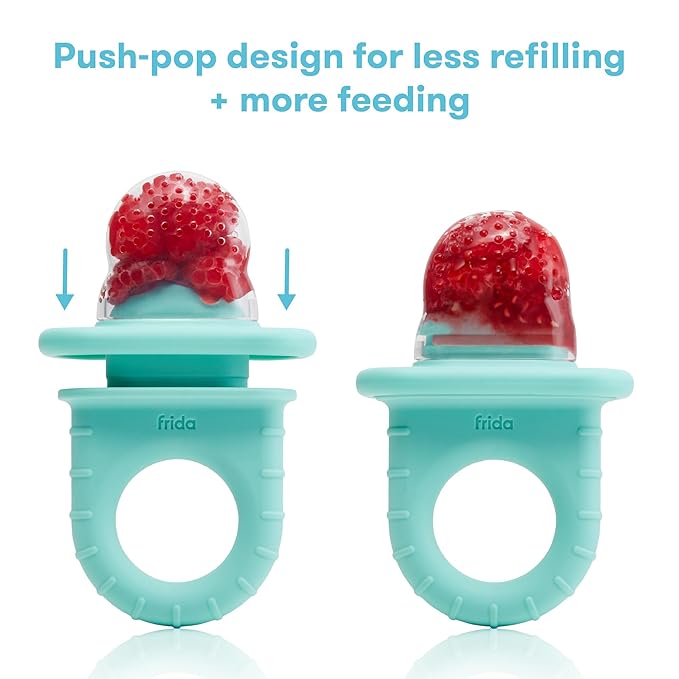 Frida Baby Push Pop Feeder, Baby Fruit Feeder + Get-A-Grip Teether Teething Toy | 100% Food-Grade Silicone Food Pacifier & Teether Toy for Baby 0-6, 12, 18 Months Infant, (Teal)