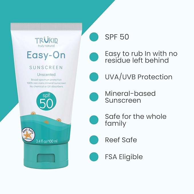 TruKid Easy On Mineral Sunscreen SPF 50 - Kids & Baby Sunscreen for Face & Body, Non-Toxic Zinc Oxide Sunblock Protection for Sensitive Skin, Unscented, FSA Eligible, Travel Size 3.4oz