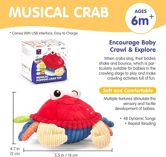 hahaland Baby Toys 6+ 12-18 Months - Crawling Musical Dancing Walking Moving Bouncing Learning Crab Tummy Time Toy Sensory Toddler Toys for 1-3 Year Old Birthday Easter Basket Stuffers