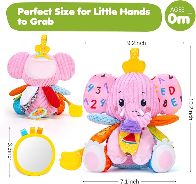Baby Girl Toys 0-6 6-12 Months, Sensory Musical Toddler Toy for 3 4 5 6 7 8 9+ Months, Pink Elephant Plush Infant Toy with Teether, Crinkle, Rattle Baby Mirror for Tummy Time Newborn