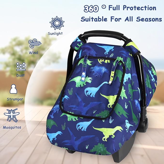 Windproof Baby Car Seat Cover, 3D Mink Dot Infant Car Seat Canopy with Breathable Mesh Window, Baby Carrier Cover for All Seasons, Easy Access Carseat Carrie Snug Fit Stroller, (Dinosaur)