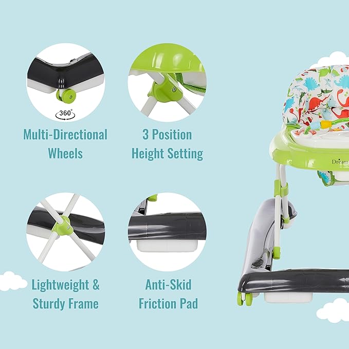 Dream On Me 2-in-1 Ava Baby Walker, Easy Convertible Baby Walker, Walk Behind, Height Adjustable Seat, Added Back Support, Detachable Slate, Green
