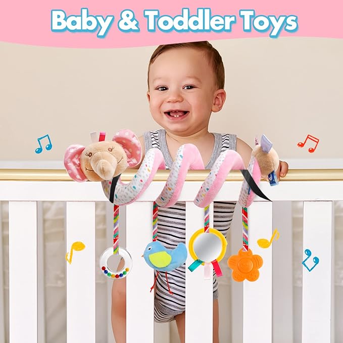 GKDOMS Baby Car Seat Toys Activity Stroller Toy for Boys Girls 0 3 6 9 10 12 Months, Spiral Hanging Plush Toys, Baby Shower Thank You Gifts