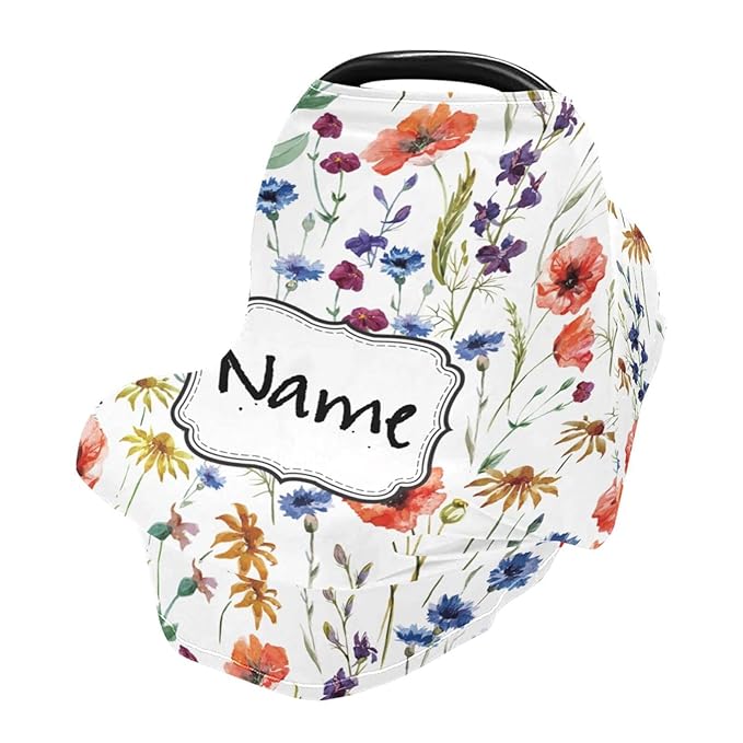 Personalized Floral Baby Car Seat Covers for Girls, Customized Flower Carseat Cover with Name, Infant Carrier Cover Stroller Canopy, Nursing Cover Breastfeeding Scarf for Newborn Babies