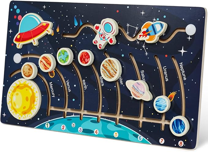 Zeoddler Movable Solar System Puzzle for Kids 3-6, Wooden Space Toys, Planets for Kids Preschool Learning Activities, Gift for Boys, Girls