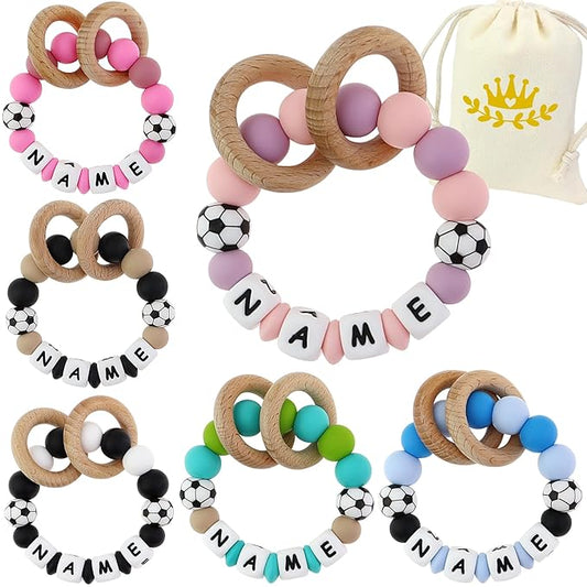 Personalized Baby Teether with Name,Custom Football Teether Rattle for Boys Girls Toddler Newborn Gift, Silicon Teeting with Natural Beech Wood Ring