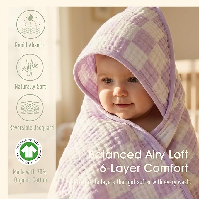 4-Piece Muslin Baby Towel Set - Made with Organic Cotton, (2) 6-Layer Bath Towels 32x32 & (2) Washcloths, Absorbent Bath & Beach, (Lavender)