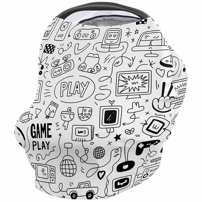 Video Games Car Seat Covers for Babies Boy Girl Capony Covers Gaming Racing Nursing Cover Breastfeeding Scarf Soft Breathable Stretchy Coverage, Monochrome Sketch Infant Stroller Cover Shopping Cart