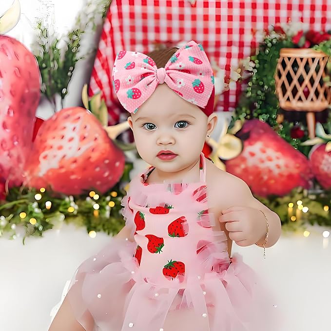 3 Pcs Baby Girl Headbands 6’’ Pink Bows Strawberry Hair Accessories Summer Outfits for Newborn Infant Toddler Girls Clothes
