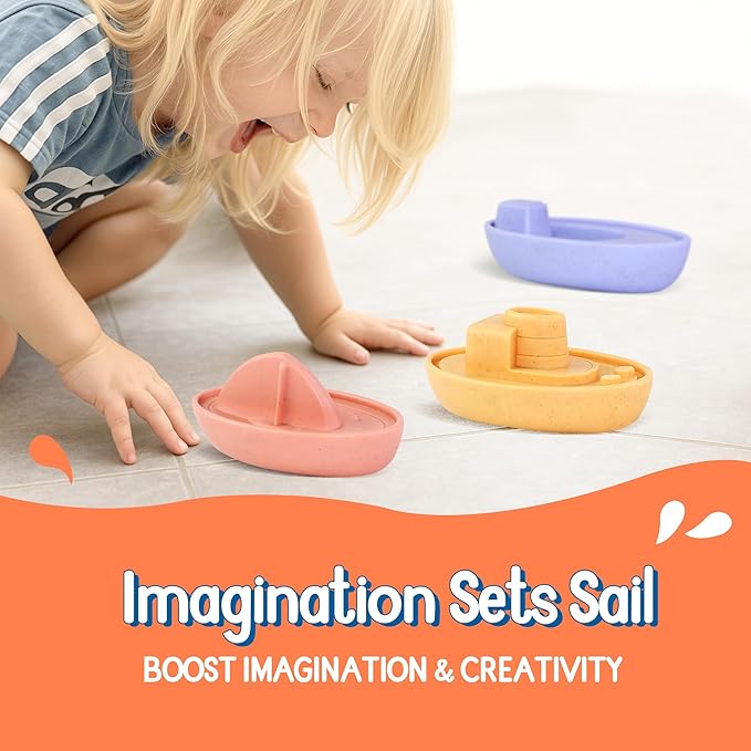 Baby Bath Toys 6-12 Months, No Hole Fully Sealed Wheat Straw Bathtub Boats for Toddlers 1-3, Floating Water Playset for Boys & Girls, for Kids, Sensory Montessori Play Set