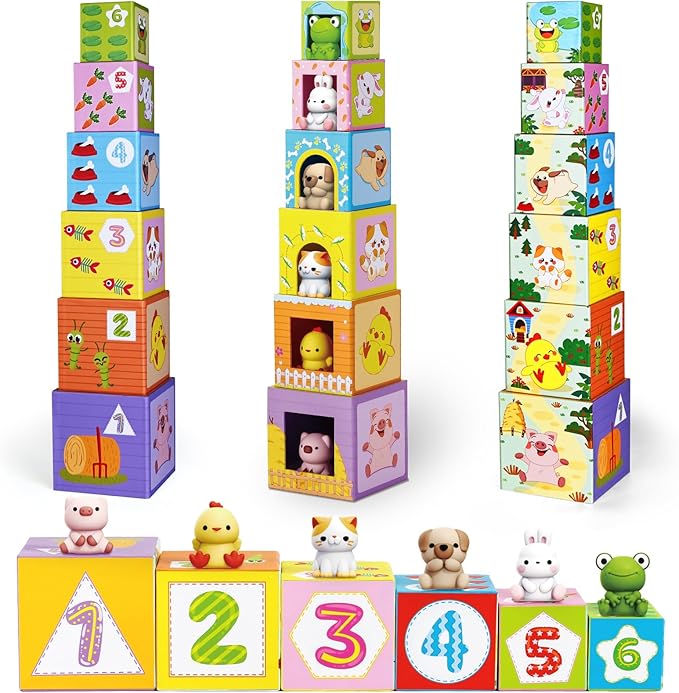 ShyLizard Toddler Farm Animal Sorting and Stacking Toys, Nesting Boxes and Blocks With Finger Puppets - Gifts for 1-3 Year Olds