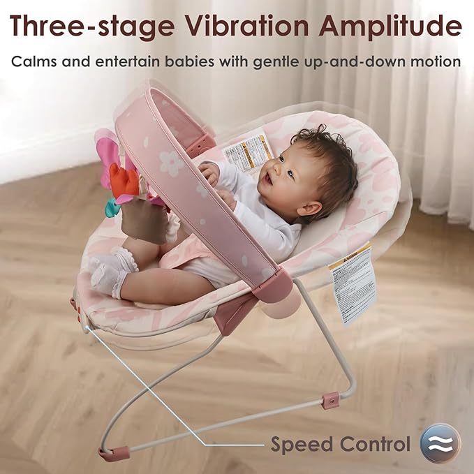 Baby Bouncer – Baby Bouncer seat, Infants Bouncy Seat with Music & Sensory Toys, Machine Washable Seat Pad Indoor Infant Seat, Ideal for Newborns 0-6 Months, 20lbs (Pink Floral)