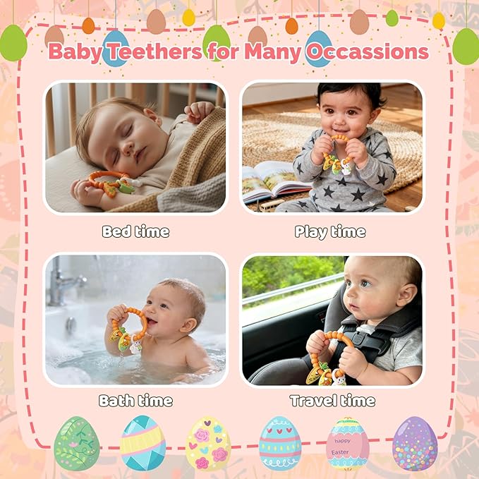 Easter Baby Teething Ring Toys for Baby, Silicone Teether with Textured Carrot, Bunny and Egg, BPA-Free, Safe and Soft for Chewing, Teething Toys for Easter Basket Stuffers&Easter Gifts, 0-12 Month
