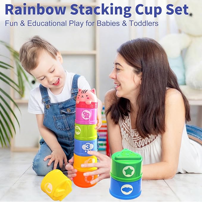 WEEJOYGAM Baby Stacking Cups, Nesting Stacking Toys for Toddlers 1-3, Infant Easter Basket Stuffers Birthday Gift 6 9 12 18 Month 1 Year Old Boy Girl, Kids Montessori Sand Bath Stackable Block Age 1-2