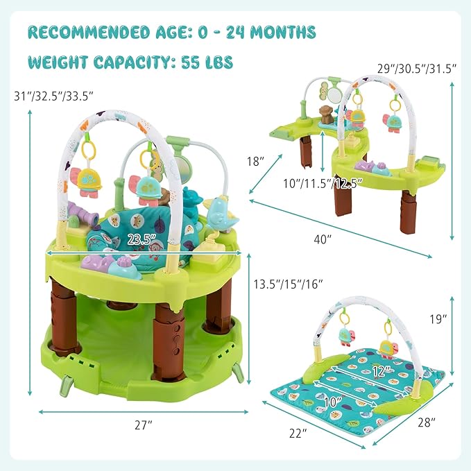 GLACER 3-in-1 Baby Activity Center, Toddler Play Center w/Bouncing Saucer, Activity Table & Play Mat, Folding Infant Learning Center w/ 3-Level Adjustable Height for 6-12 Months, Green
