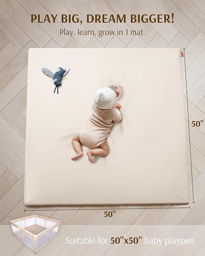 YOSING Padded Baby Play Mat, Vegan Leather 50x50 Playpen Mat, Waterproof Tummy Time Mat for Boy& Girl, Extra Thick& Super Soft Baby Playmat That Fits Nicely Into Any Playroom, Beige